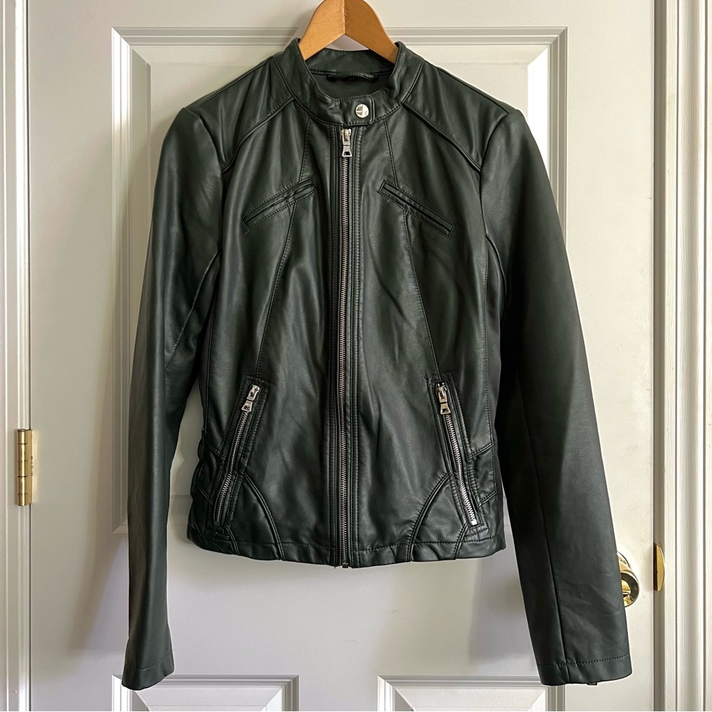 Guess Dark Green Vegan Leather Moto Jacket